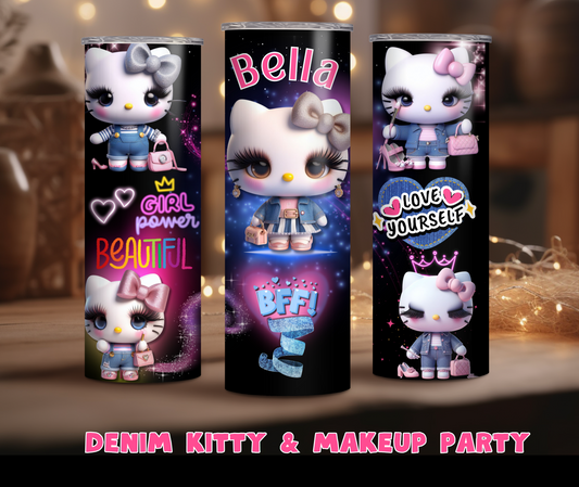 DENIM KITTY & MAKEUP PARTY (Personalized) 20oz STAINLESS STEEL TUMBLER