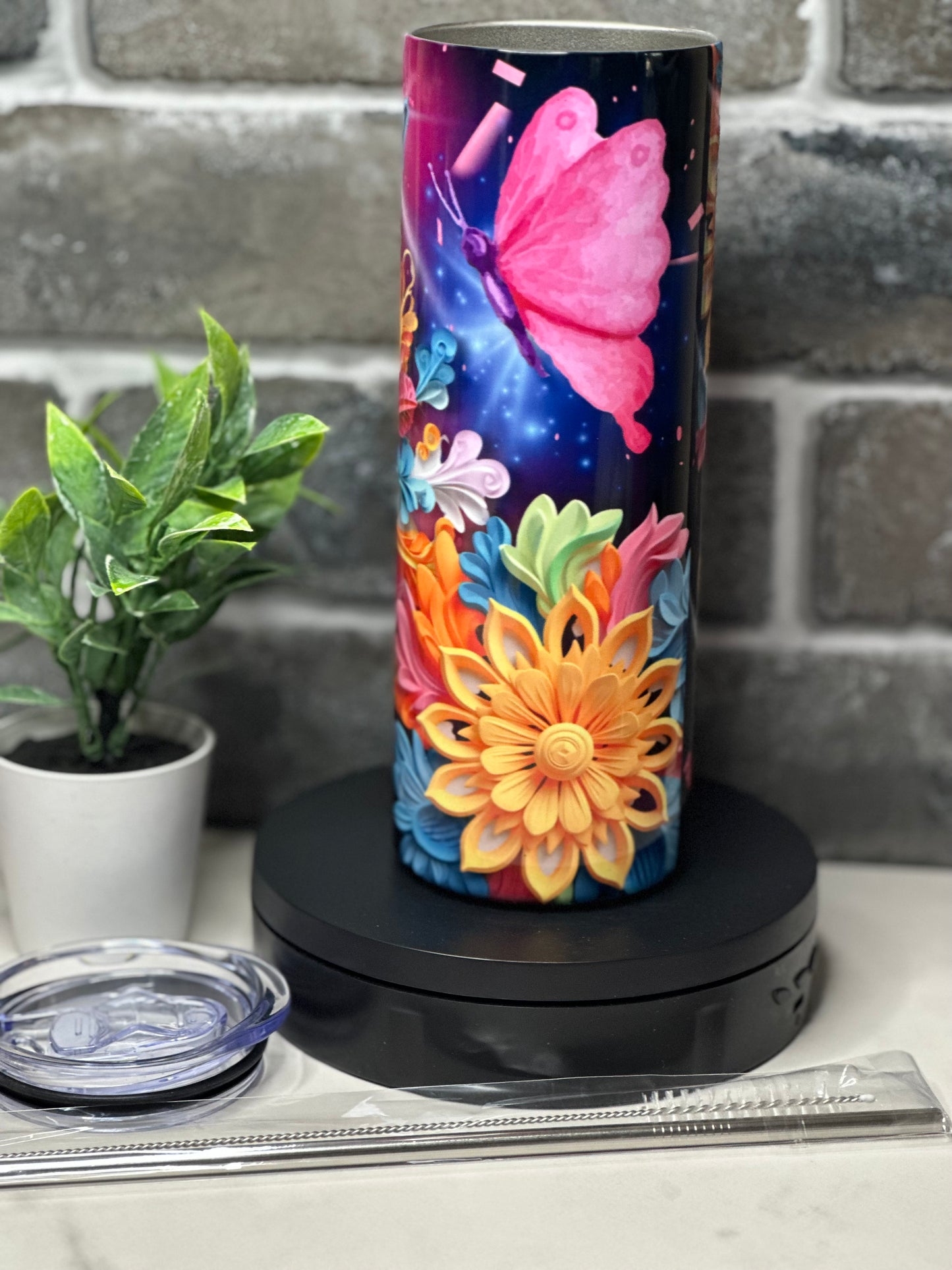 3D FLOWER TUMBLER (20oz Stainless Steel Tumbler) with metal straw